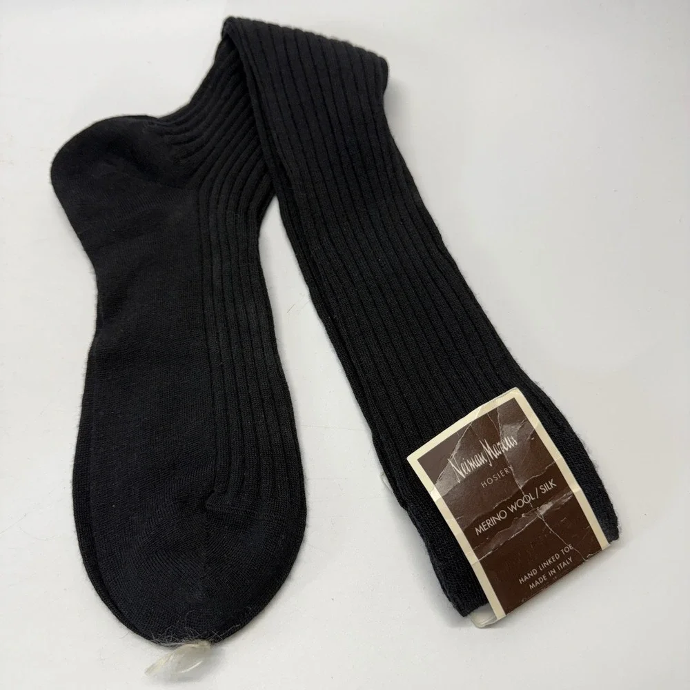 Vintage Neiman Marcus Socks Mens OS Black Merino Wool Silk Ribbed Italy 90s